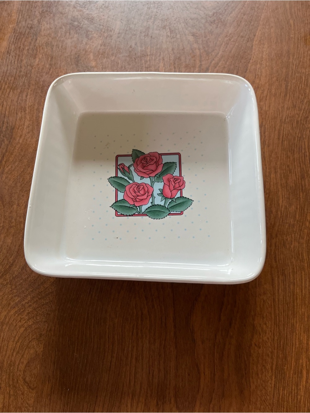 White Ceramic Square Bowl with Pink Rose Motif